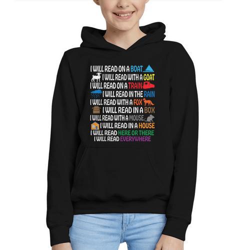 I Will Read Books On A Boat & Everywhere Reading Kids Book Graphic Youth Hoodie - Bookorys