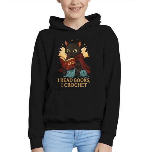 Wizard Cat Reading a Book While Crocheting Graphic Youth Hoodie - Bookorys