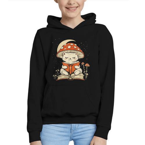 Women's Cottagecore Mushroom Cat Reading a Book Graphic Youth Hoodie - Bookorys AU