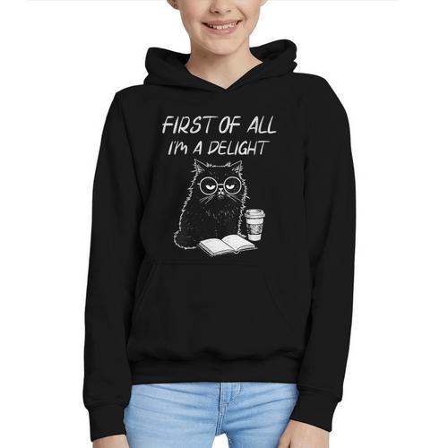 Women's First Of All I’m A Delight Cute Cat Books Coffee Humor Graphic Youth Hoodie - Bookorys DE