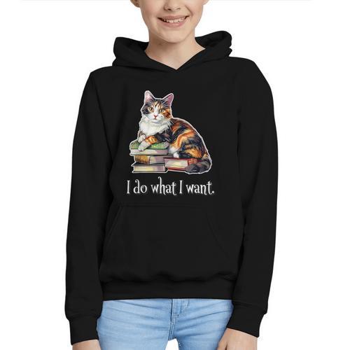Womens Girls Books I Do What I Want Calico Cat Lover Graphic Youth Hoodie - Bookorys