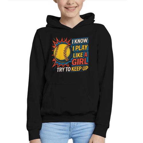 Women's Girls Softball Play Like A Girl Comic Book Pop Art Graphic Youth Hoodie - Bookorys