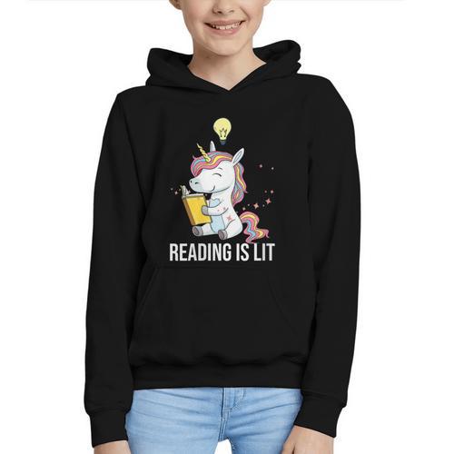 Women's Reading Is Lit Unicorn Library English Teacher Book Lover Graphic Youth Hoodie - Bookorys AU