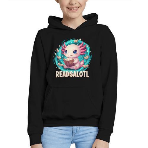Women's Readsolotl Kawaii Axolotl Reading Book Lover Graphic Youth Hoodie - Bookorys
