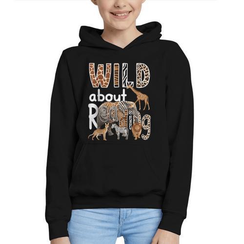 Zoo Animals Wild About Reading Books Reader Lover Librarian Graphic Youth Hoodie - Bookorys CA