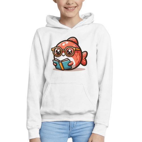 Adorable Book Lover Salmon With Reading Glasses Cute Graphic Youth Hoodie - Bookorys CA
