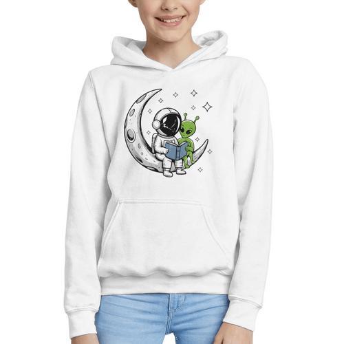 Astronaut Reading Book To Alien Moon Space Astronomy Graphic Youth Hoodie - Bookorys