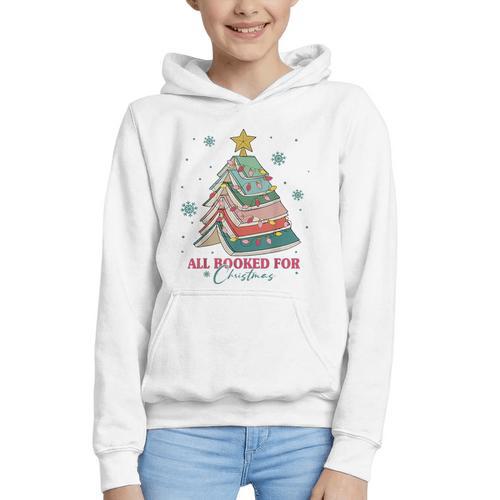 All Booked For Christmas Book Christmas Tree Lights Bookish Graphic Youth Hoodie - Bookorys DE