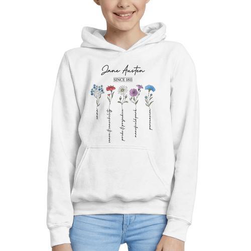 Bookish Feminist Jane Austen Fan Jane Austen Flower Books Graphic Youth Hoodie - Bookorys