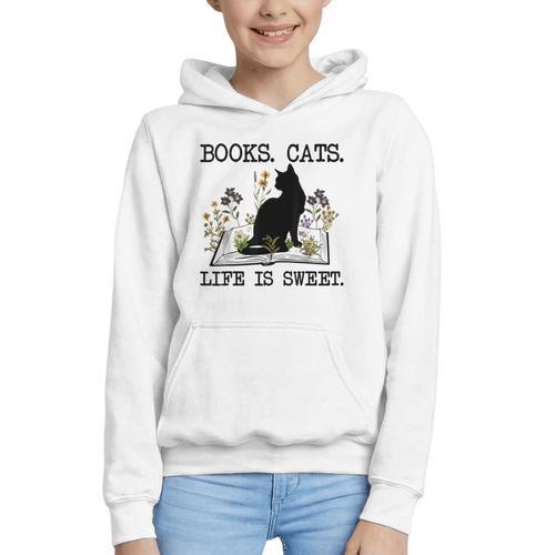 Books Cats Life Is Sweet Cat Book Lover Men Women Teen Graphic Youth Hoodie - Bookorys DE
