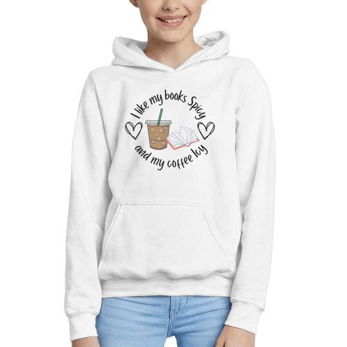 I Like My Books Spicy And My Coffee Icy Books Booktok Graphic Youth Hoodie - Bookorys CA