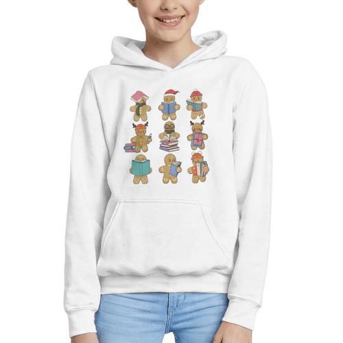 Christmas Library Gingerbread Man Books Lover Bookworm Graphic Youth Hoodie - Bookorys