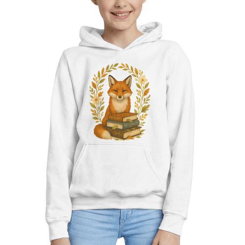 Cottagecore Whimsical Woodland Red Fox Behind Stack Of Books Graphic Youth Hoodie - Bookorys
