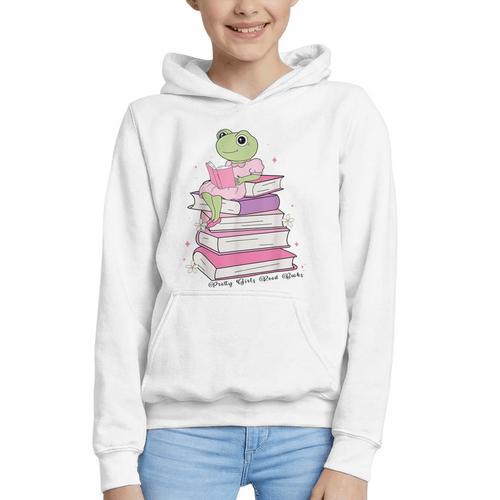 Cute Book Lover Frog Pretty Girls Read Books Kawaii Reading Graphic Youth Hoodie - Bookorys CA