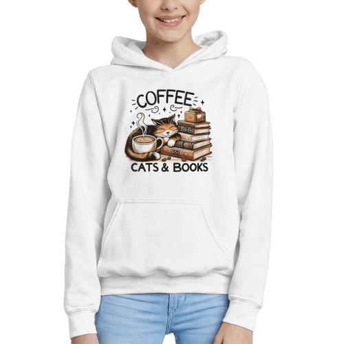 Cute Coffee Cats Books Lover Idea Women Men Kids Graphic Youth Hoodie - Bookorys AU