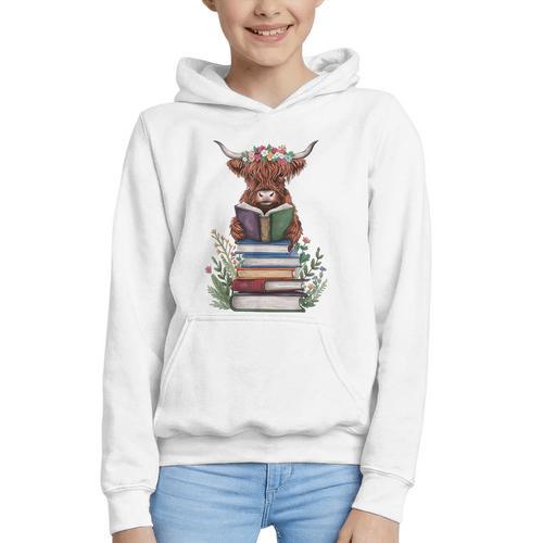 Cute Highland Cow With Book Floral Bookworm Librarian Book Graphic Youth Hoodie - Bookorys