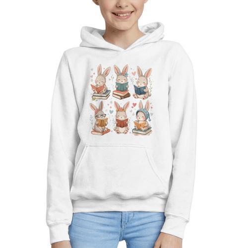 Cute Teacher Bunny Rabbit Reading Easter Bunnies Book Lovers Graphic Youth Hoodie - Bookorys