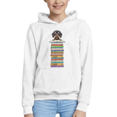 Cute Wiener Dog Dachshund Reading On Pile Of Books Graphic Youth Hoodie - Bookorys DE