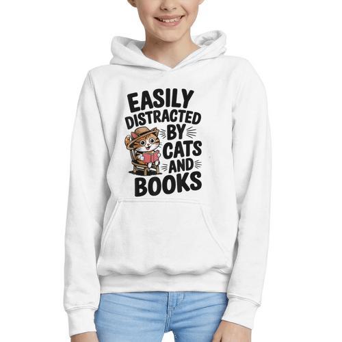 Easily Distracted By Cats And Books Lovers Reading Graphic Youth Hoodie - Bookorys AU