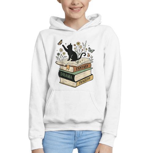 Fantasy Drama Tragedy Cat Book Lover Reading Humor Graphic Youth Hoodie - Bookorys