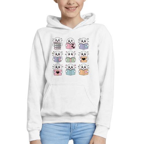 Halloween Ghosts Reading Books Pattern Spooky Kawaii Anime Graphic Youth Hoodie - Bookorys AU