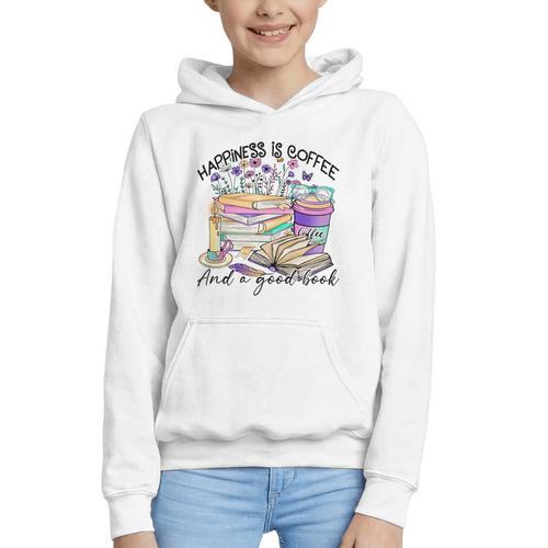 Happiness Is Coffee And a Good Book Women Love Reading Book Graphic Youth Hoodie - Bookorys UK