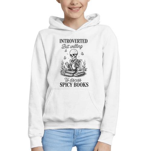 Introvert Read Spicy Books Lover Bookworm Skeleton Reading Graphic Youth Hoodie - Bookorys UK
