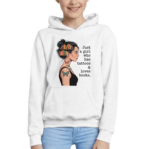 Just a Girl Who Has Tattoos And Love Books Tattooed Inked Graphic Youth Hoodie - Bookorys