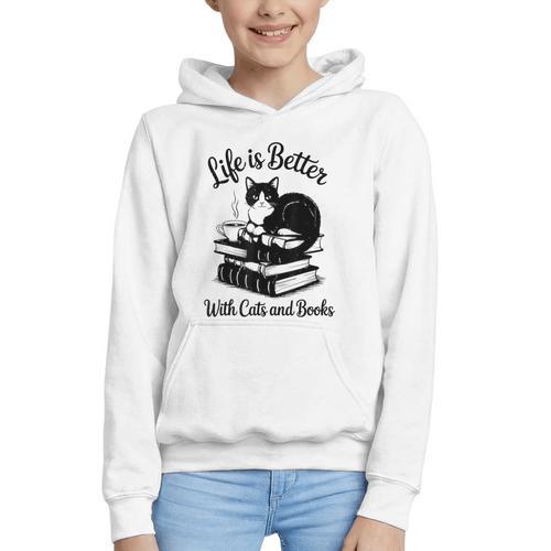 Life Is Better With Cats & Books Tuxedo Cat Mom Women Graphic Youth Hoodie - Bookorys