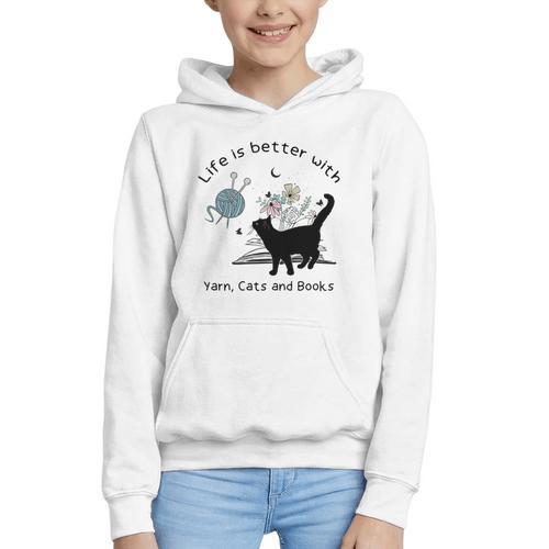 Life Is Better With Yarn Cats And Books Graphic Youth Hoodie - Bookorys