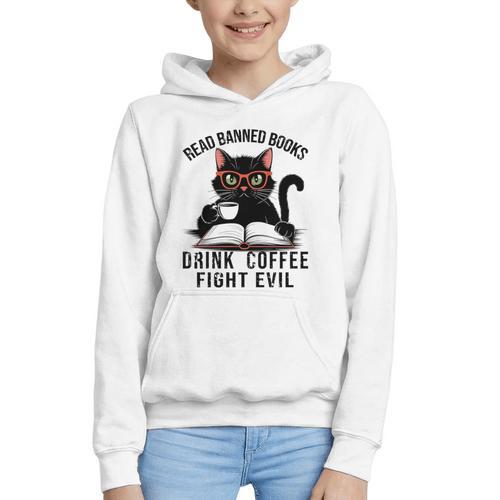 Read Banned Books Drink Coffee Fight Evil Retro Cat Graphic Youth Hoodie - Bookorys