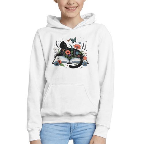 Retro Cute Cat Floral Book Librarian Vintage Floral Cat Book Graphic Youth Hoodie - Bookorys