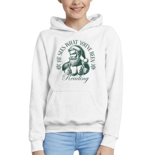 He Sees What You'Ve Been Reading Bookish Christmas Graphic Youth Hoodie - Bookorys
