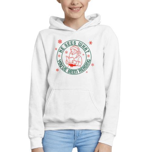 He Sees What You'Ve Been Reading Christmas Book Lover Shirt Graphic Youth Hoodie - Bookorys DE