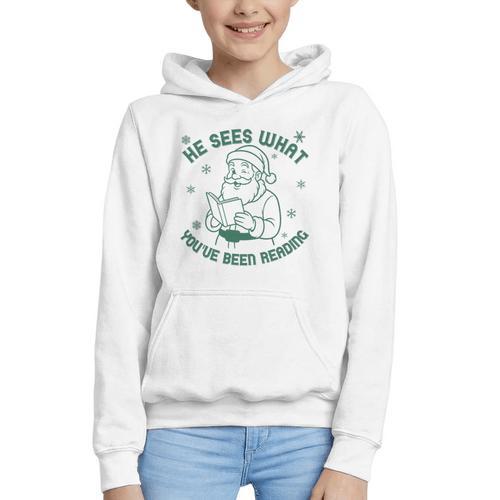 He Sees What You'Ve Been Reading Christmas Bookish Santa Premium Tri-Blend Graphic Youth Hoodie - Bookorys DE