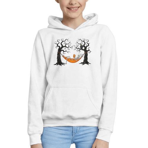 Skeleton Reading Book In Hammock Halloween Reader Graphic Youth Hoodie - Bookorys