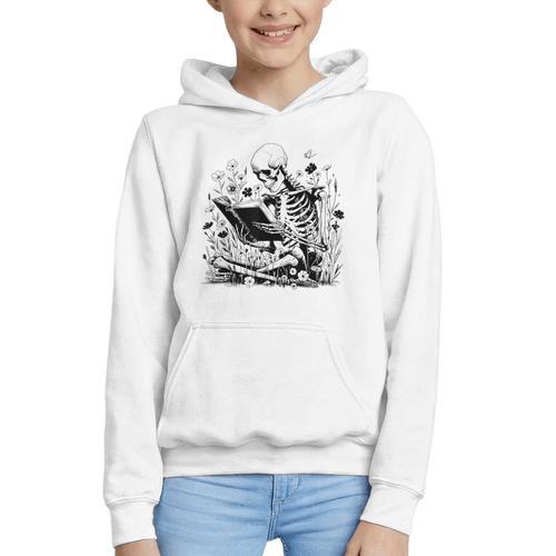 Skeleton Skull Halloween Book Reading Books Lover Teacher Graphic Youth Hoodie - Bookorys