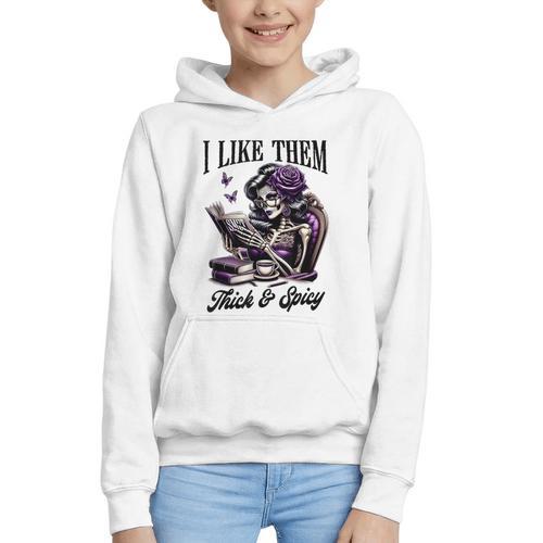 Smut Reader Spicy Book Romance I Like Them Thick & Spicy Graphic Youth Hoodie - Bookorys