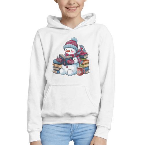 Snowman Reading Book Lovers Christmas Bookworm Librarian Graphic Youth Hoodie - Bookorys CA