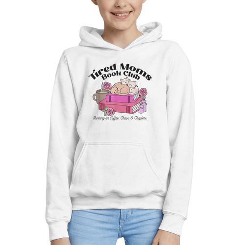 Tired Moms Book Club Running On Coffee Chaos And Chapter Cat Graphic Youth Hoodie - Bookorys