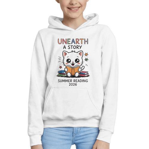 Unearth a Story Cute Kitten Summer Reading 2026 Cat Book Graphic Youth Hoodie - Bookorys