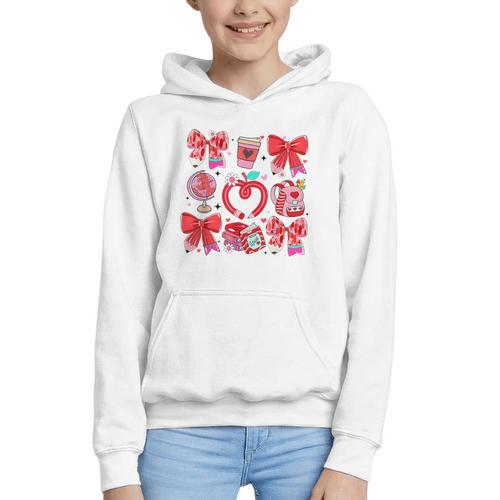 Valentine Teacher Coquette Bow Pencil Heart Book Girl Women Graphic Youth Hoodie - Bookorys DE