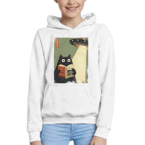 Vintage Japanese Cat Book Lovers UFO Alien Abduction Cat Dad Graphic Youth Hoodie - Bookorys