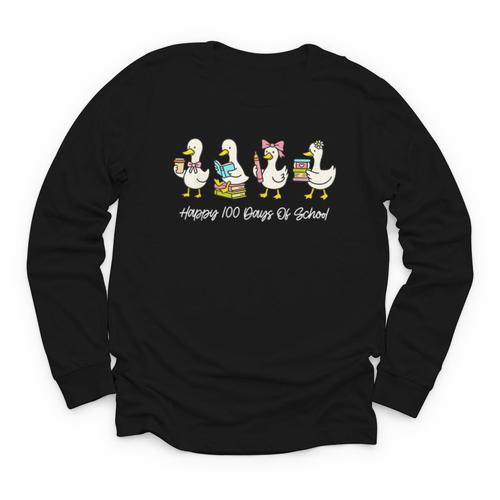 100 Days Of School Cute Goose Coffee Books Teacher Life Youth Long Sleeve Tee - Bookorys