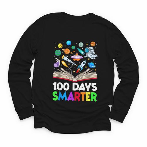 100th Day Of School Astronaut Books Space 100 Days Smarter Youth Long Sleeve Tee - Bookorys DE