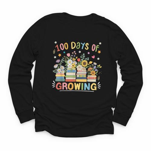 100th Day Of School Teacher Floral Books 100 Days Of Growing Youth Long Sleeve Tee - Bookorys DE