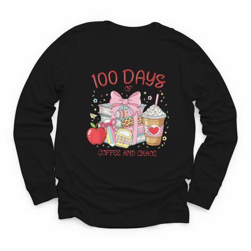 100th Day Of School Teachers 100 Days Of Coffee Chaos Books Youth Long Sleeve Tee - Bookorys DE