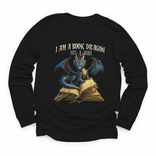 3 Bookish Quote I Am a Book Dragon Not a Worm Reading Book Youth Long Sleeve Tee - Bookorys