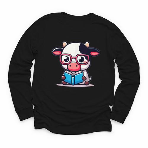 Adorable Book Lover Cow With Reading Glasses Cute Youth Long Sleeve Tee - Bookorys