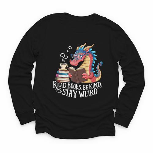 Adorable Book Lover Dragon Read Books Be Kind Stay Weird Youth Long Sleeve Tee - Bookorys